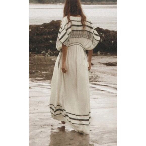 ZARA Boho Kaftan Dress Ecru Beaded XS/S Maxi Adjustable Waist Gypsy Festival - Picture 4 of 14